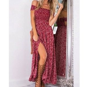 Chic Off-Shoulder Red Floral Maxi Dress